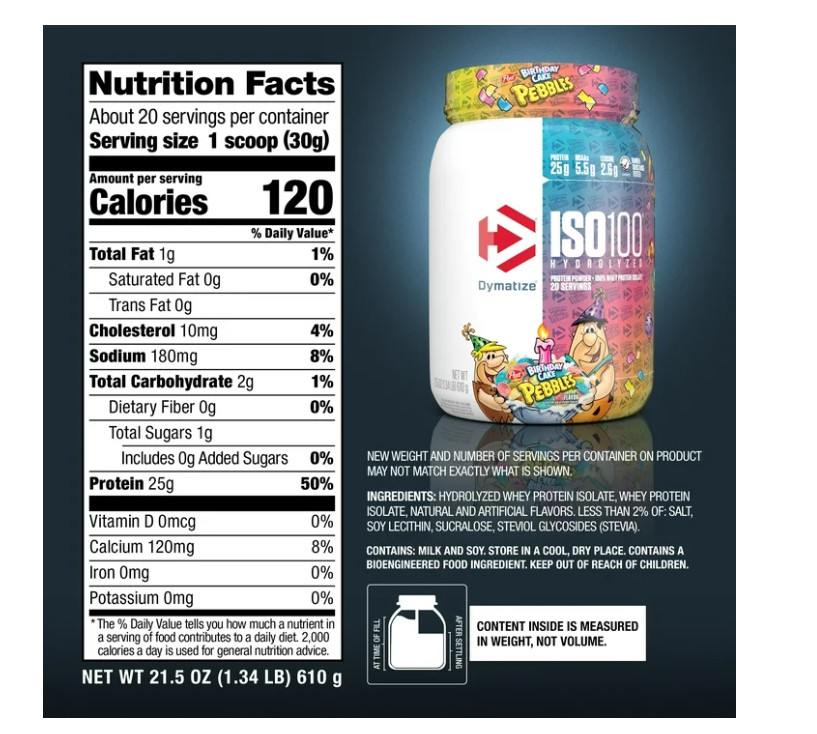 Dymatize ISO100 Hydrolyzed Whey Birthday Cake Pebbles 20 Servings 25g Protein