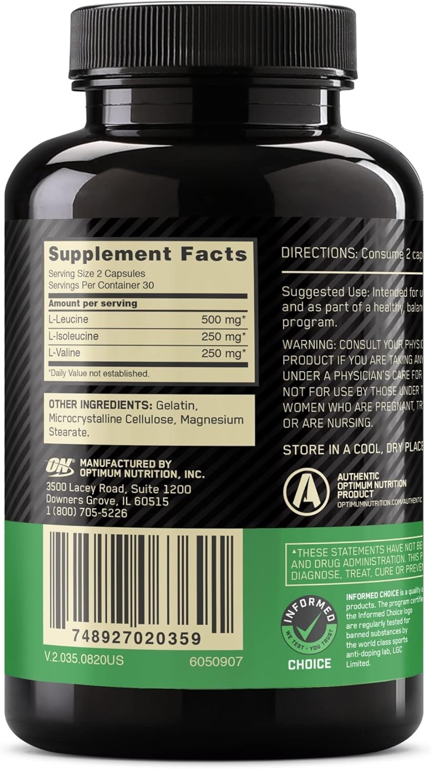 Optimum Nutrition BCAA 1000, 1,000 mg, 60 Capsules (500 mg per Capsule)