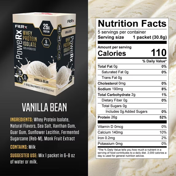 FitRx PoweRx Whey Protein Isolate – Vanilla Bean High Protein Powder, 26g 5.4oz