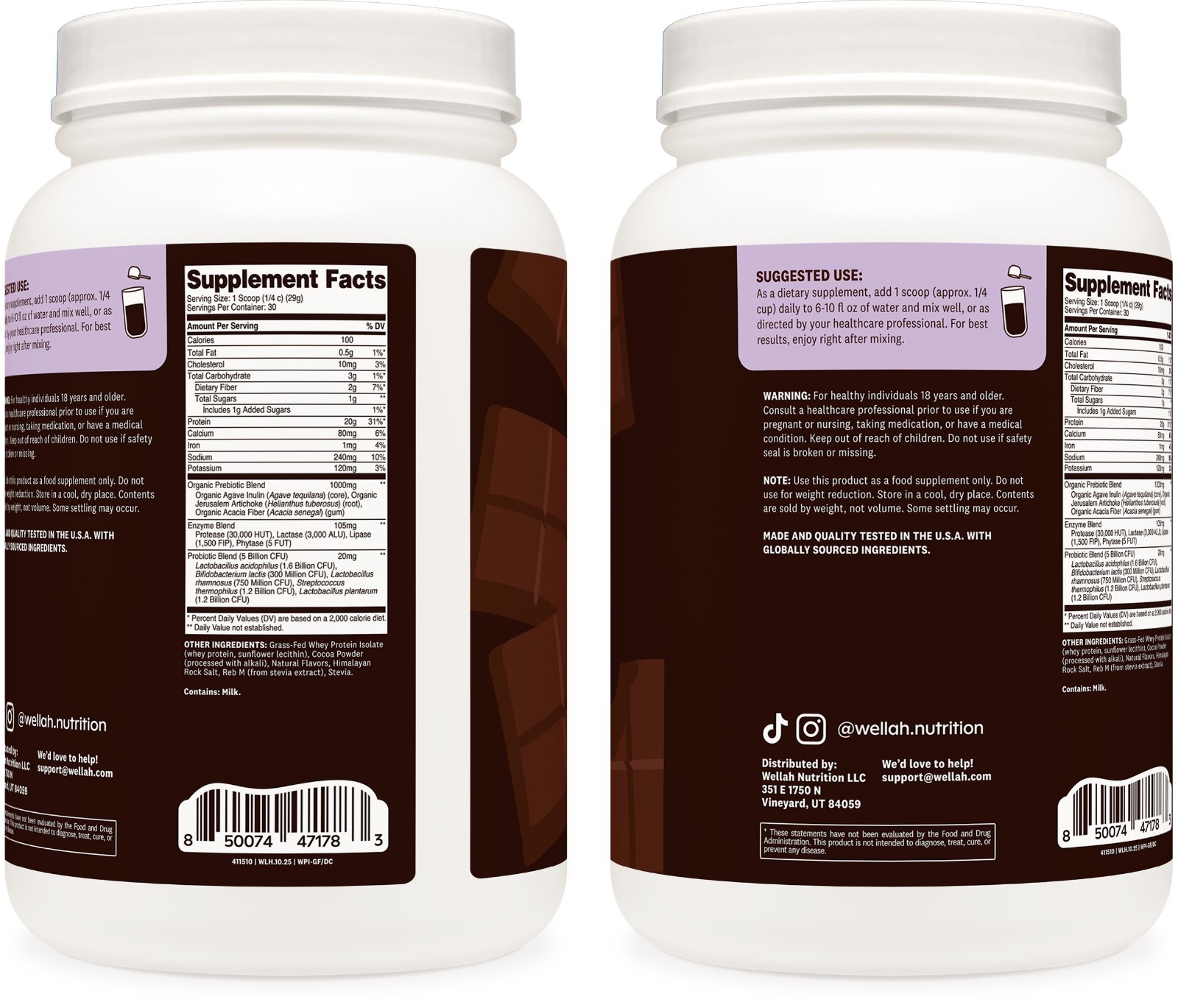 Wellah Grass-Fed Whey Protein Isolate Powder (Dark Chocolate) 30 Servings