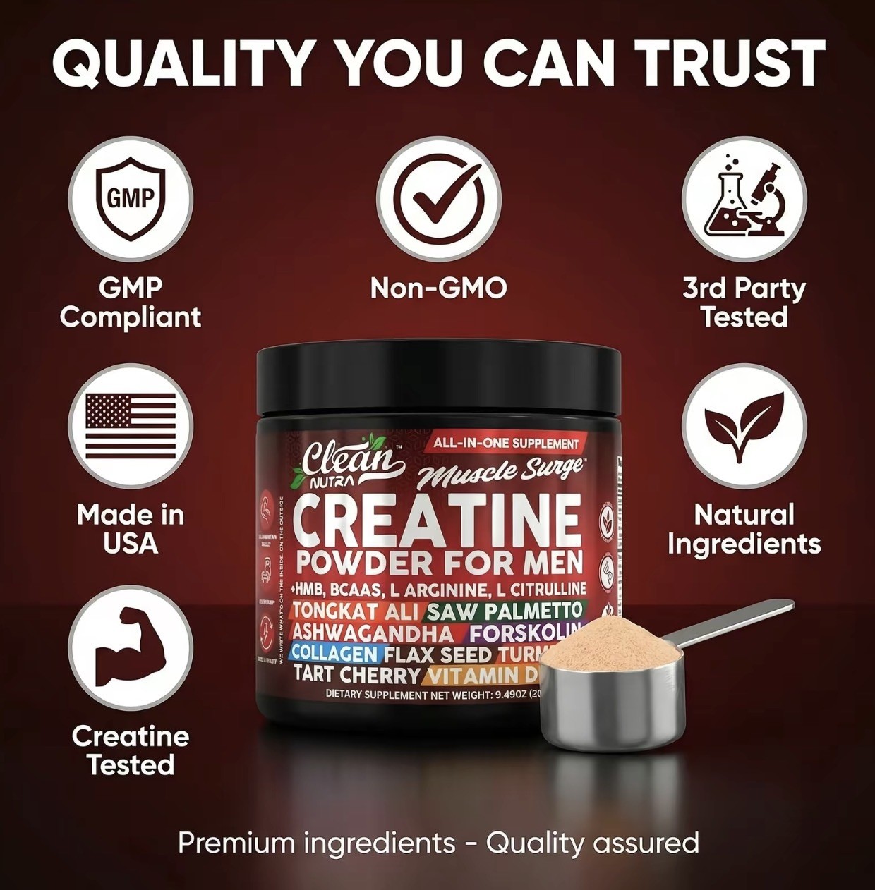 Clean Nutra Muscle Surge Creatine Powder for Men (9.7oz / 275g)