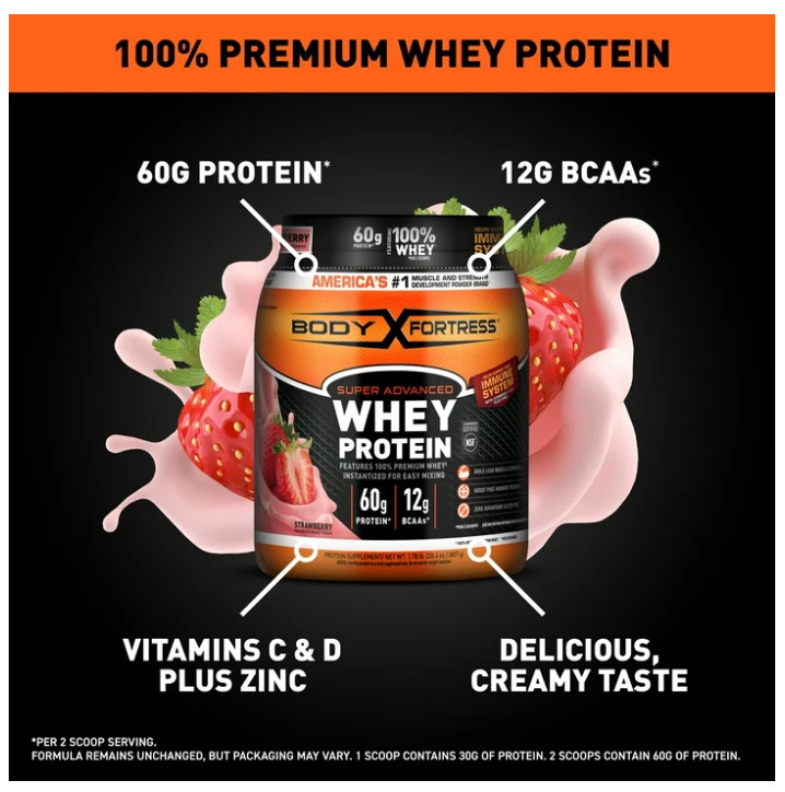 Body Fortress Super Advanced Whey Protein Strawberry 1.78LB 60g Protein