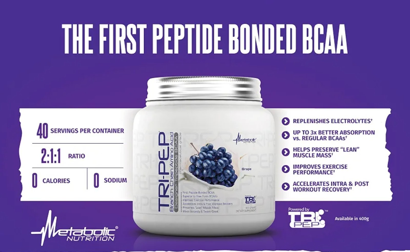 Metabolic Nutrition TRI-PEP BCAA 15oz Size (40 Serv) Natural Lemon BEST BY 11/26