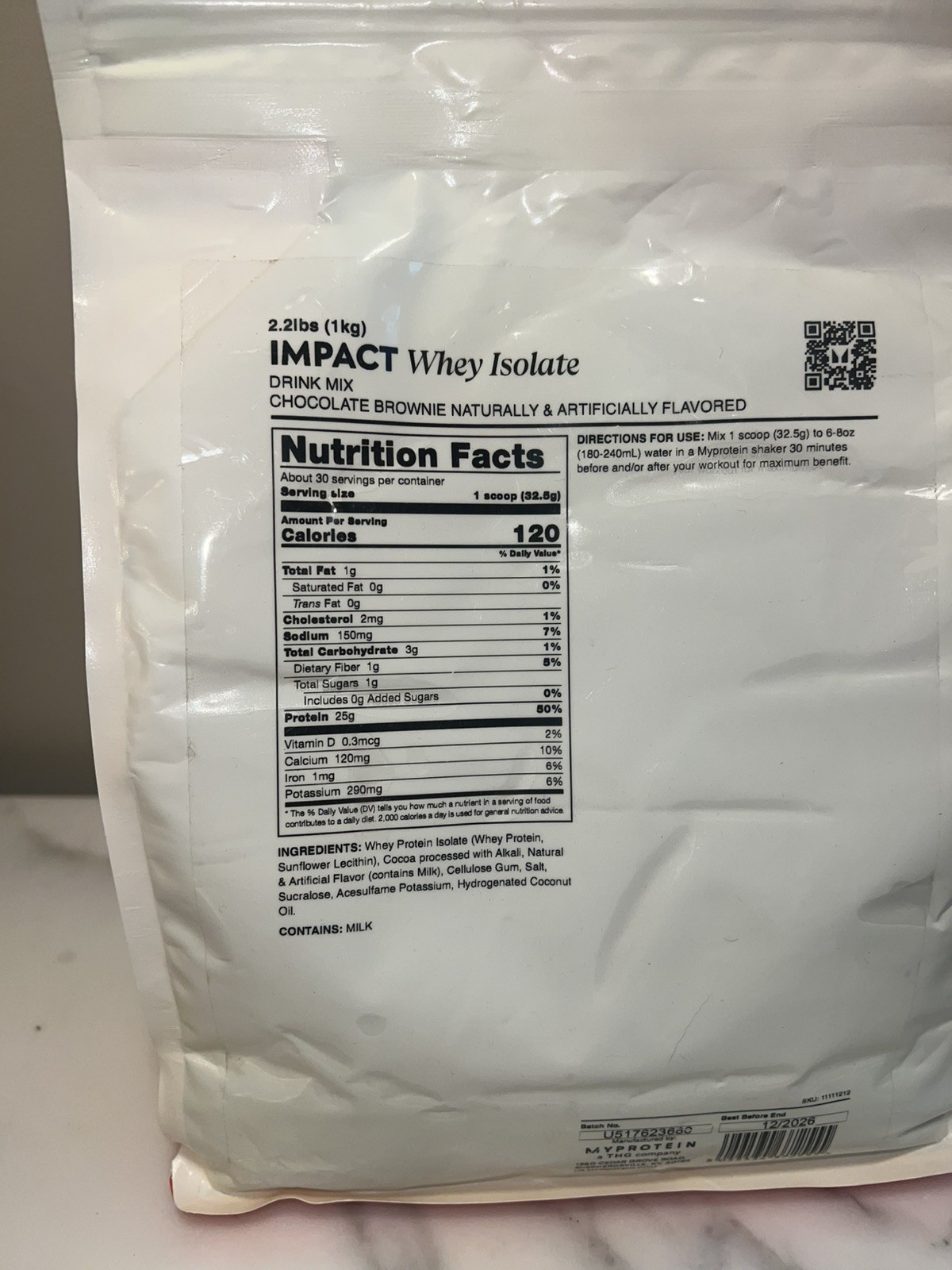 MyProtein Impact Whey Isolate Protein Drink Mix – Chocolate Brownie – 12/2026