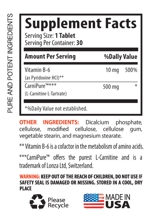 L-Carnitine Dietary Supplement 500mg (1 Bottle, 30 Tablets)