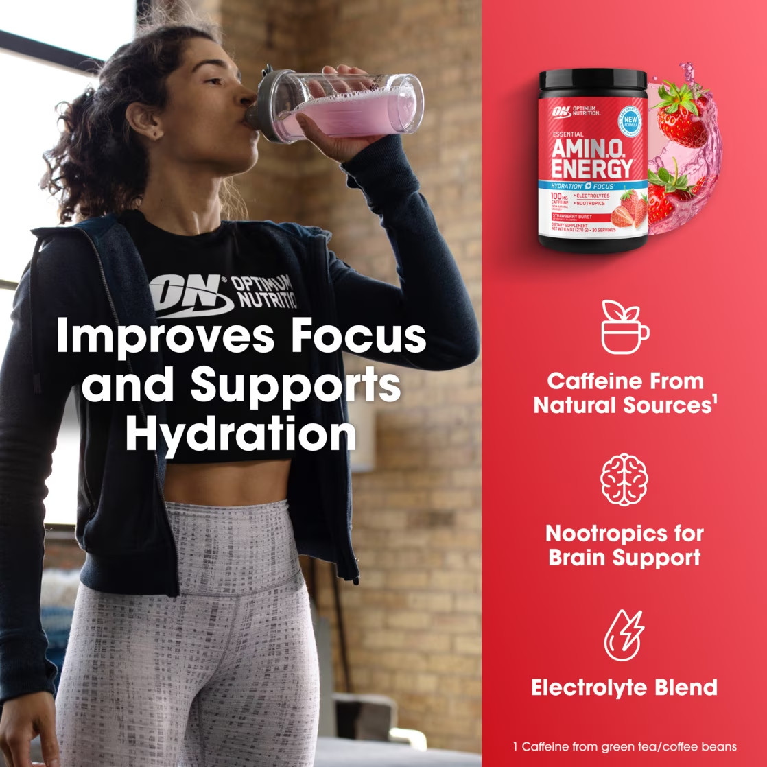 Optimum Nutrition Amino Energy Hydration + Focus Powder, Strawberry Burst 9.5 oz