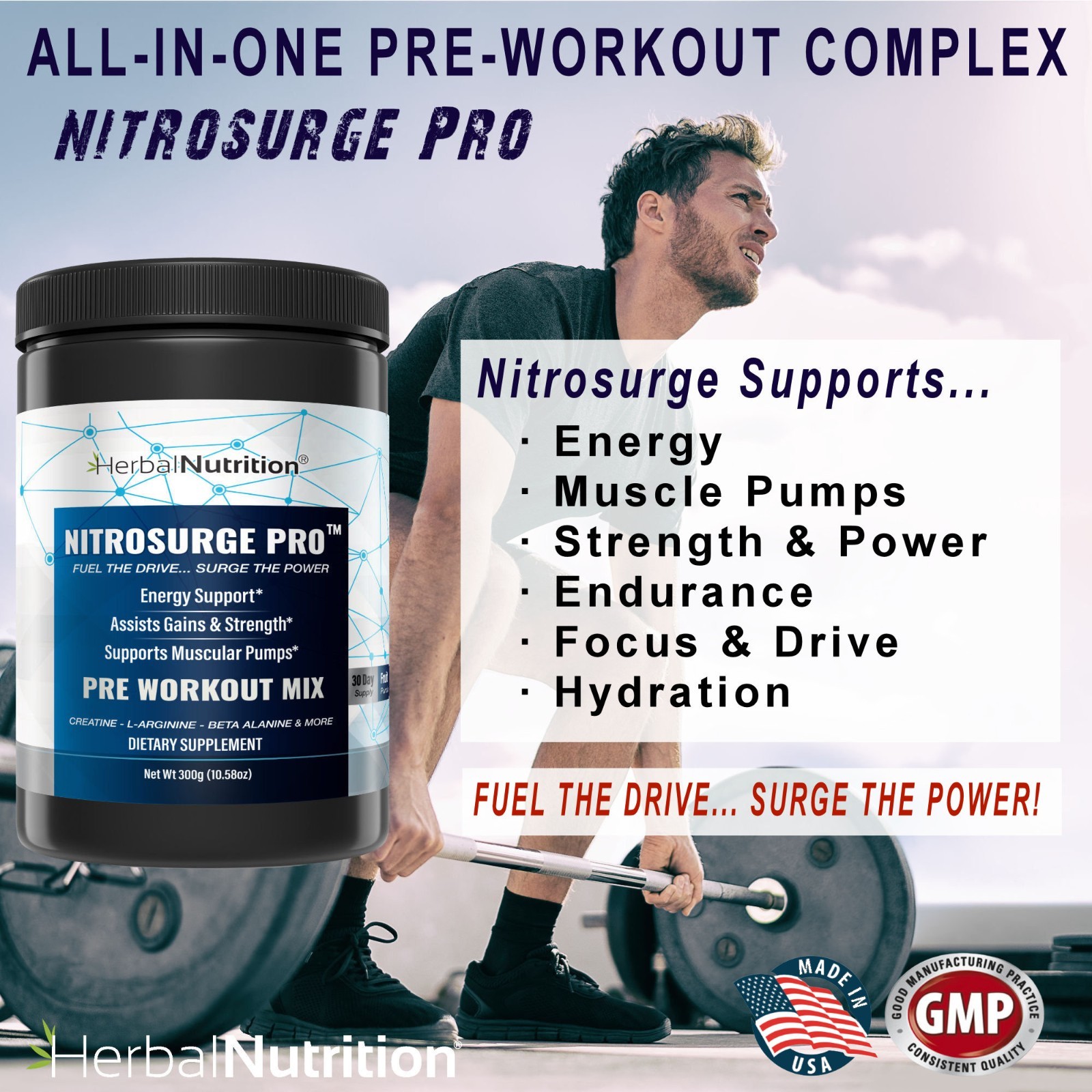 Nitrosurge Pro Pre Workout Powder w/ Creatine Nitric Oxide Booster 300g