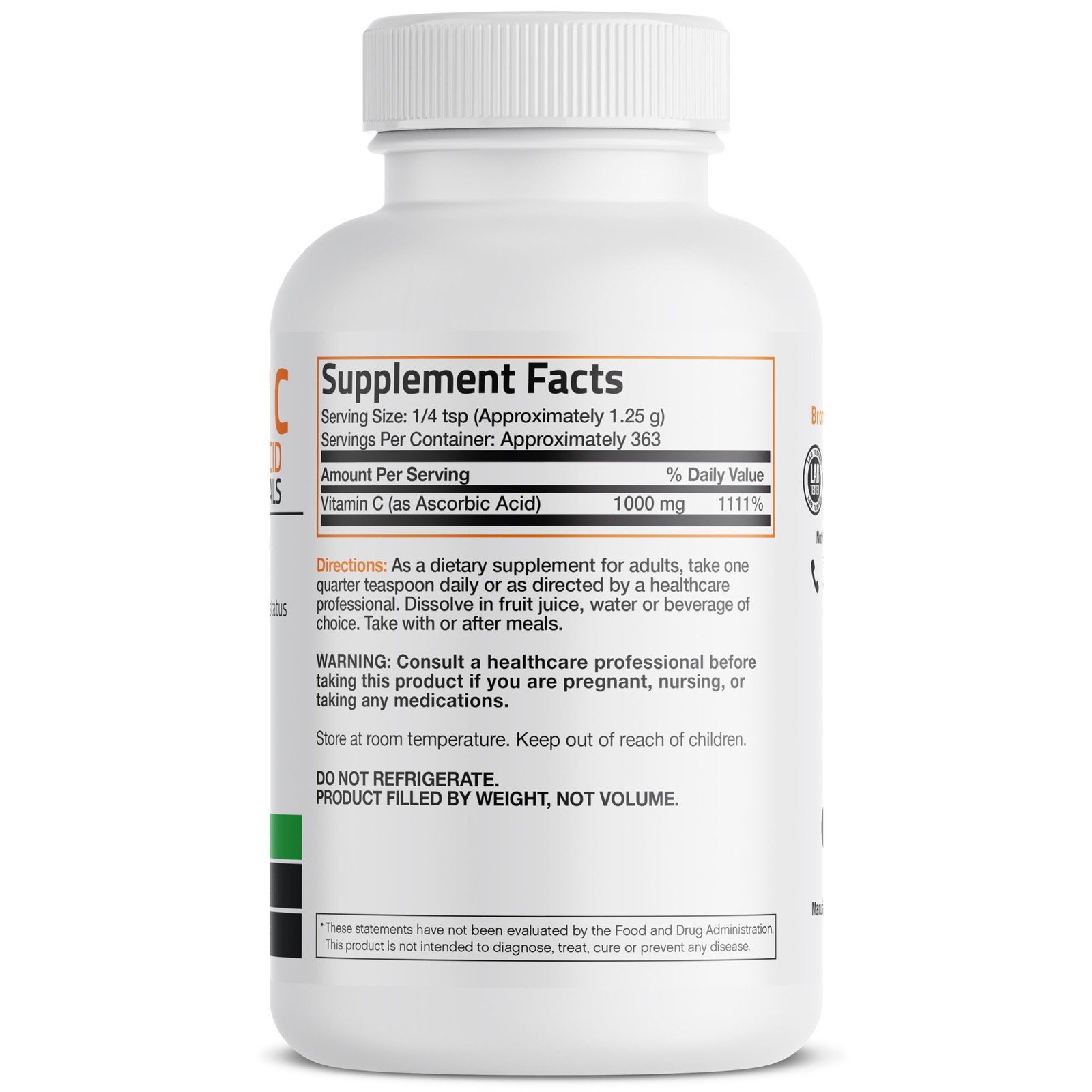 Bronson Vitamin C Powder Pure Ascorbic Acid Soluble Fine 16 Ounce (Pack of 1)