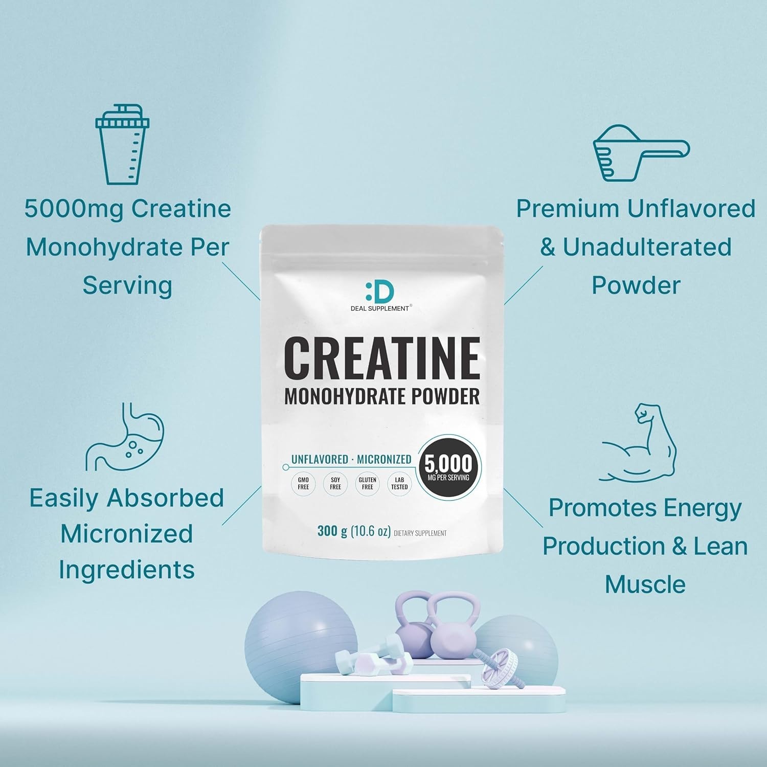 DEAL SUPPLEMENT Instant Creatine Monohydrate Powder, 5g Per Serving – 60 Serving