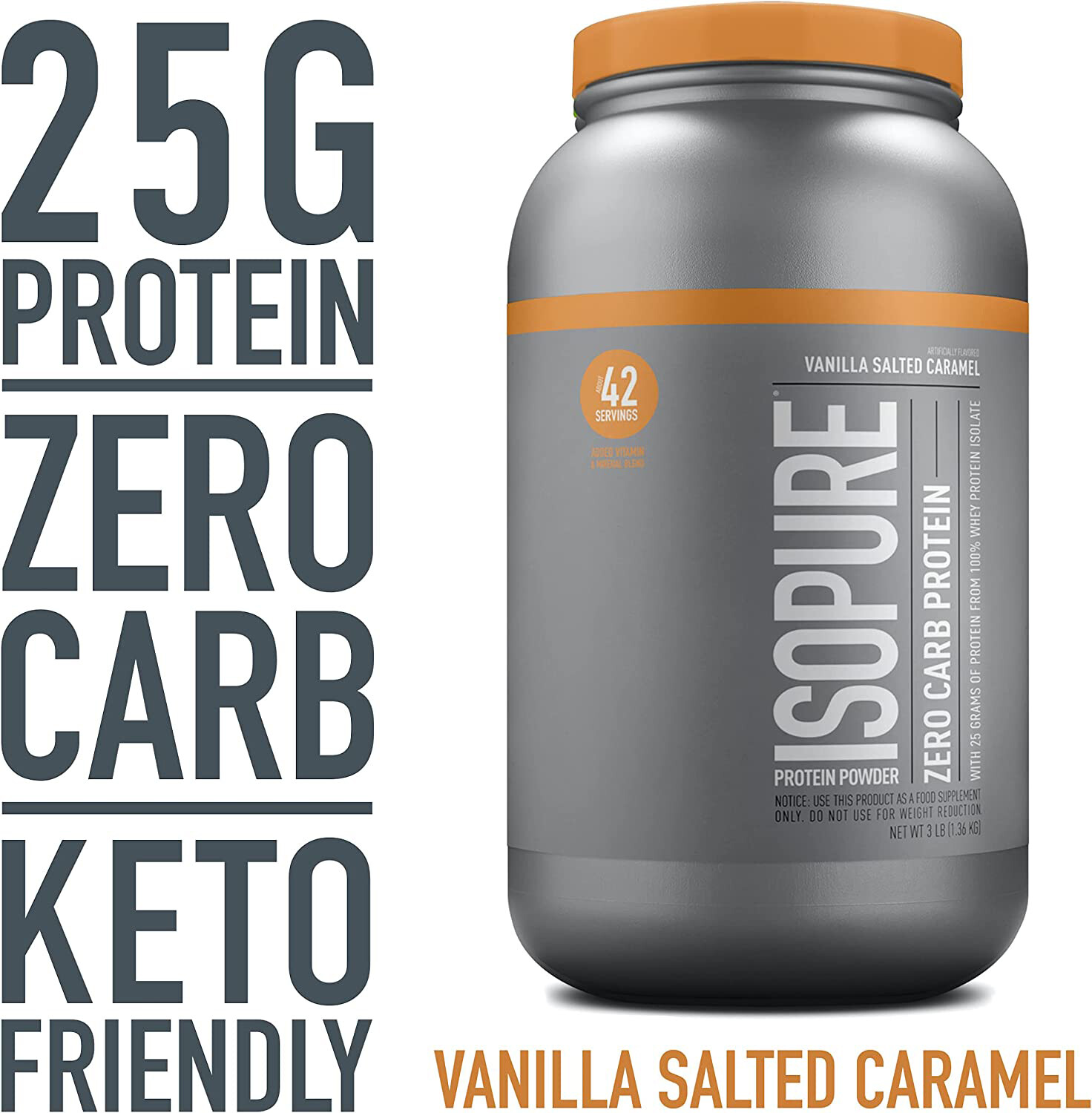 Isopure Zero Carb, 25g Protein, Whey Protein IsolateVanilla Salted Caramel, 3lb