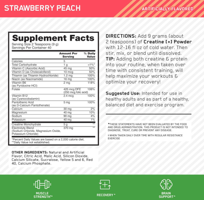 Optimum Nutrition Creatine Monohydrate Plus Powder, Strawberry Peach Flavored