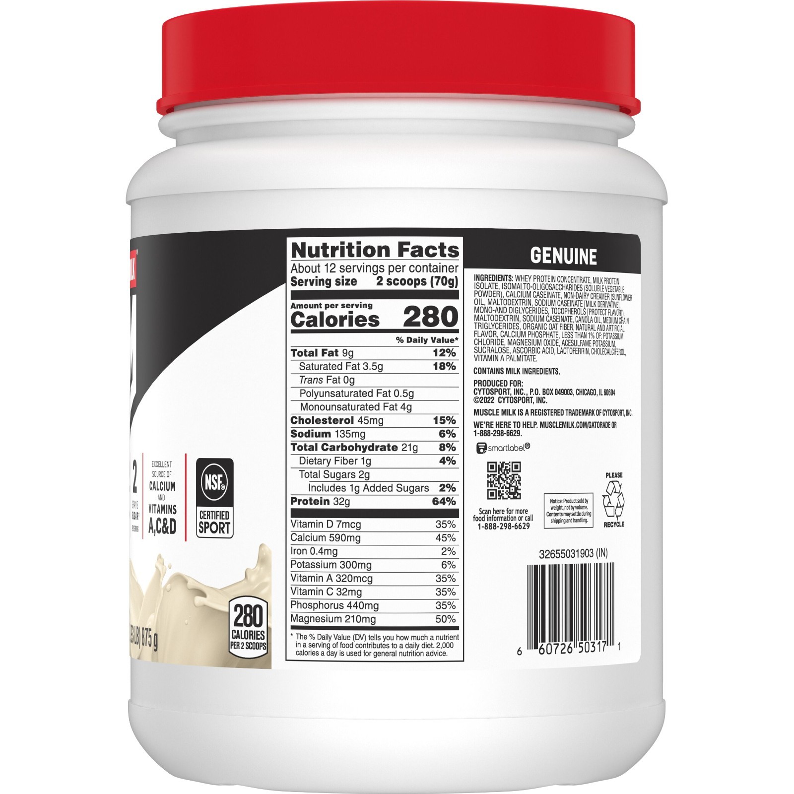 Muscle Milk Genuine Protein Powder Chocolate Flavor 32g Protein 1.93 lb NSF Cert