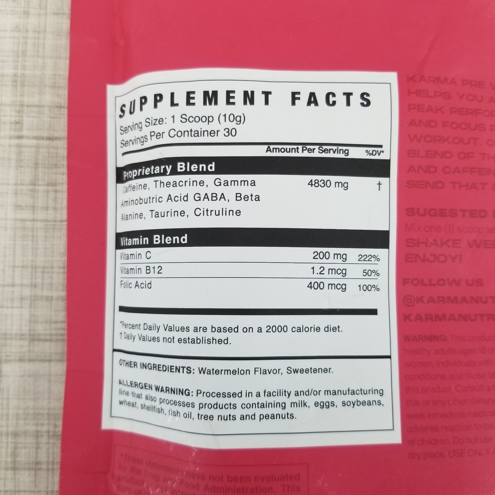 KARMA Pre Workout Watermelon Burst Drink Mix w/Caffeine Exp. 01/2026