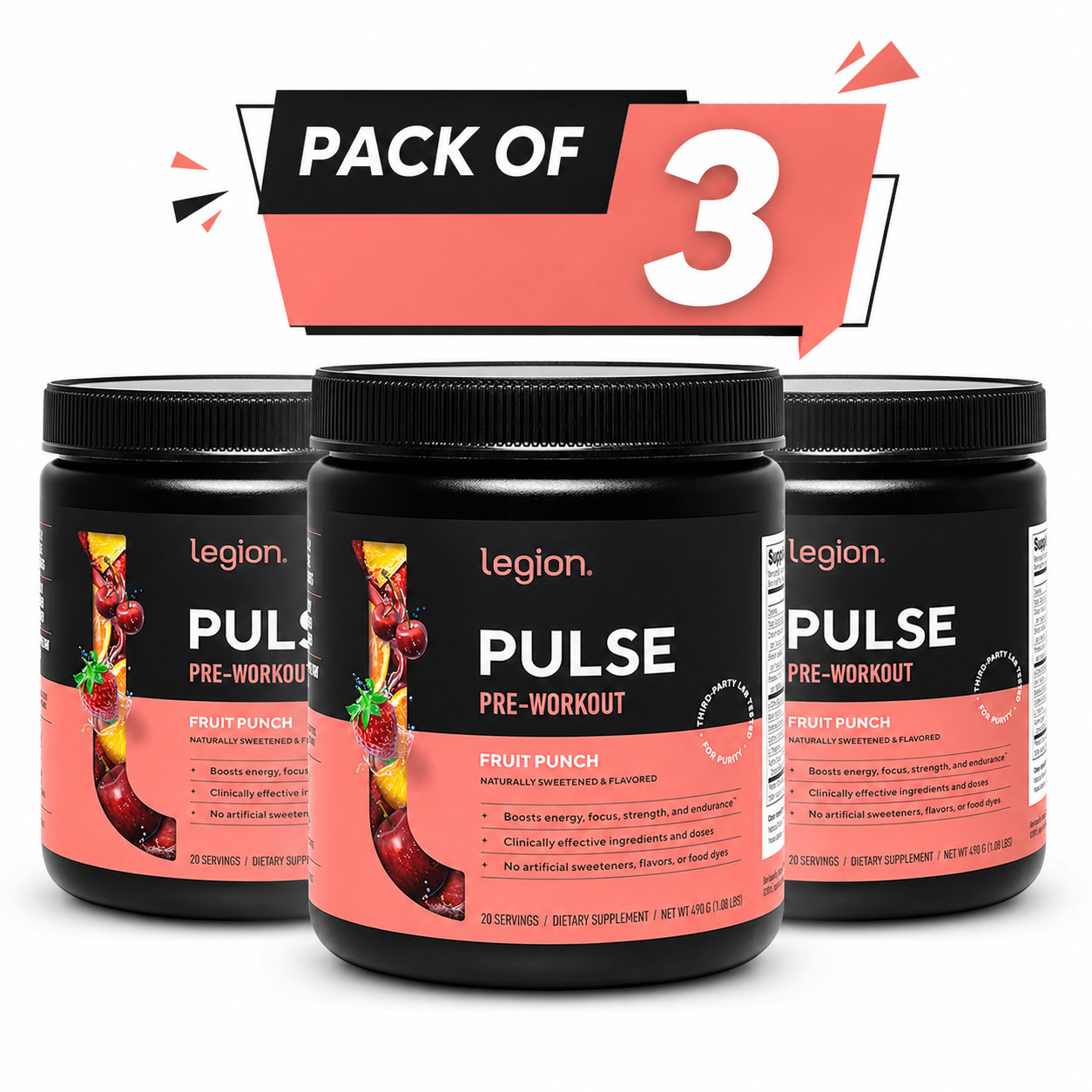 Legion Pre-Workout Drink – Fruit Punch 490 g/1.08 lbs Each (Pack of 3)