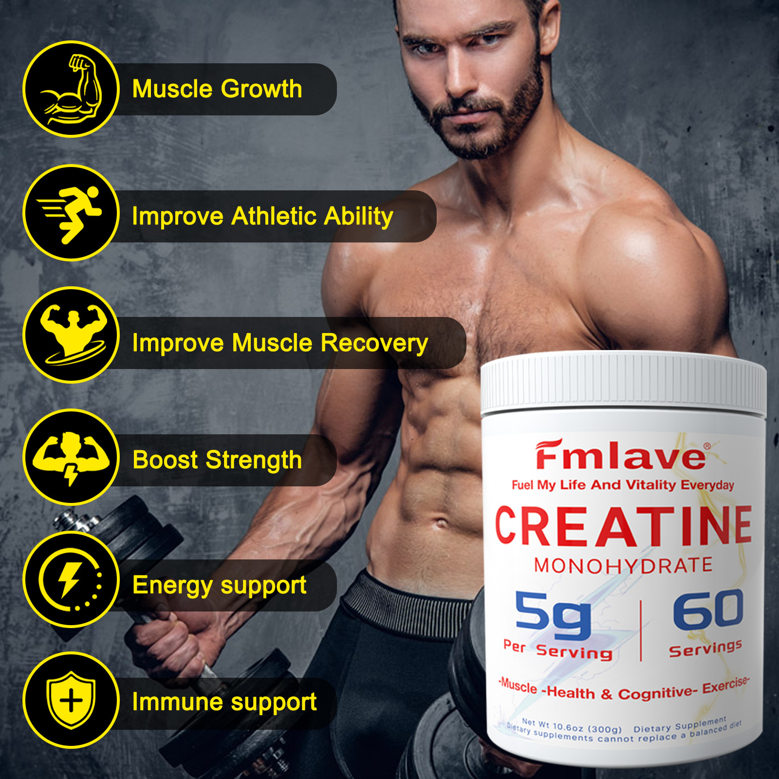 Micronized Creatine Monohydrate Powder 300g, 60 Servings, Unflavored Creatine US