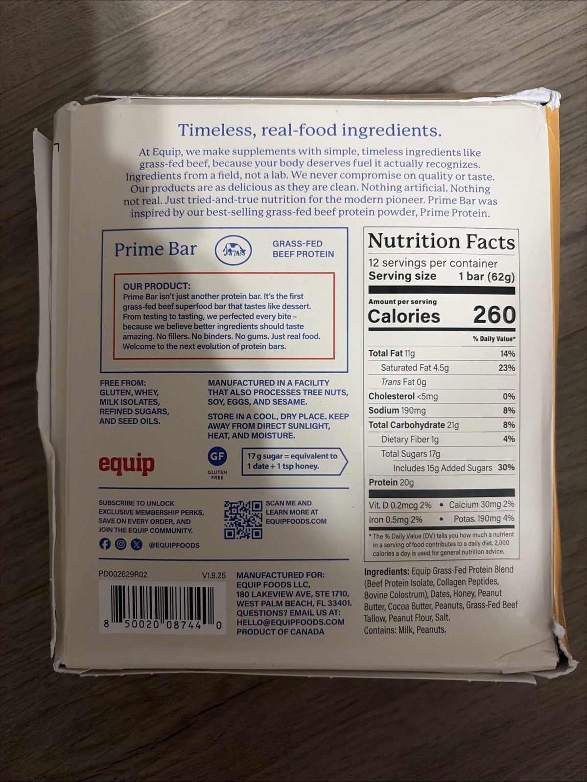Equip Prime Bar Peanut Butter Grass-Fed Beef Protein Bars 12 Pack 20g Protein