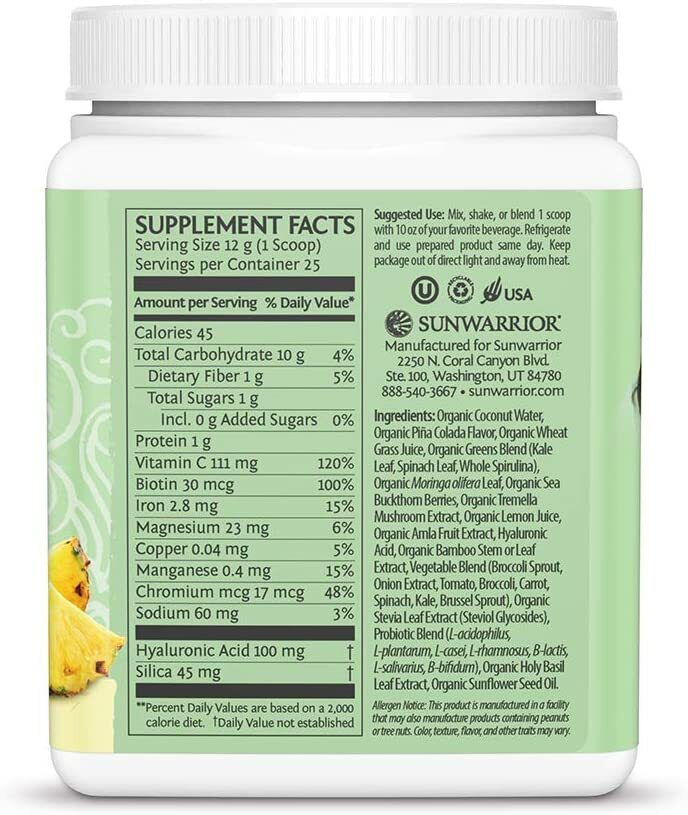Sunwarrior Plant-Based Beauty Greens Powder Organic Pina Colada, 10.6oz