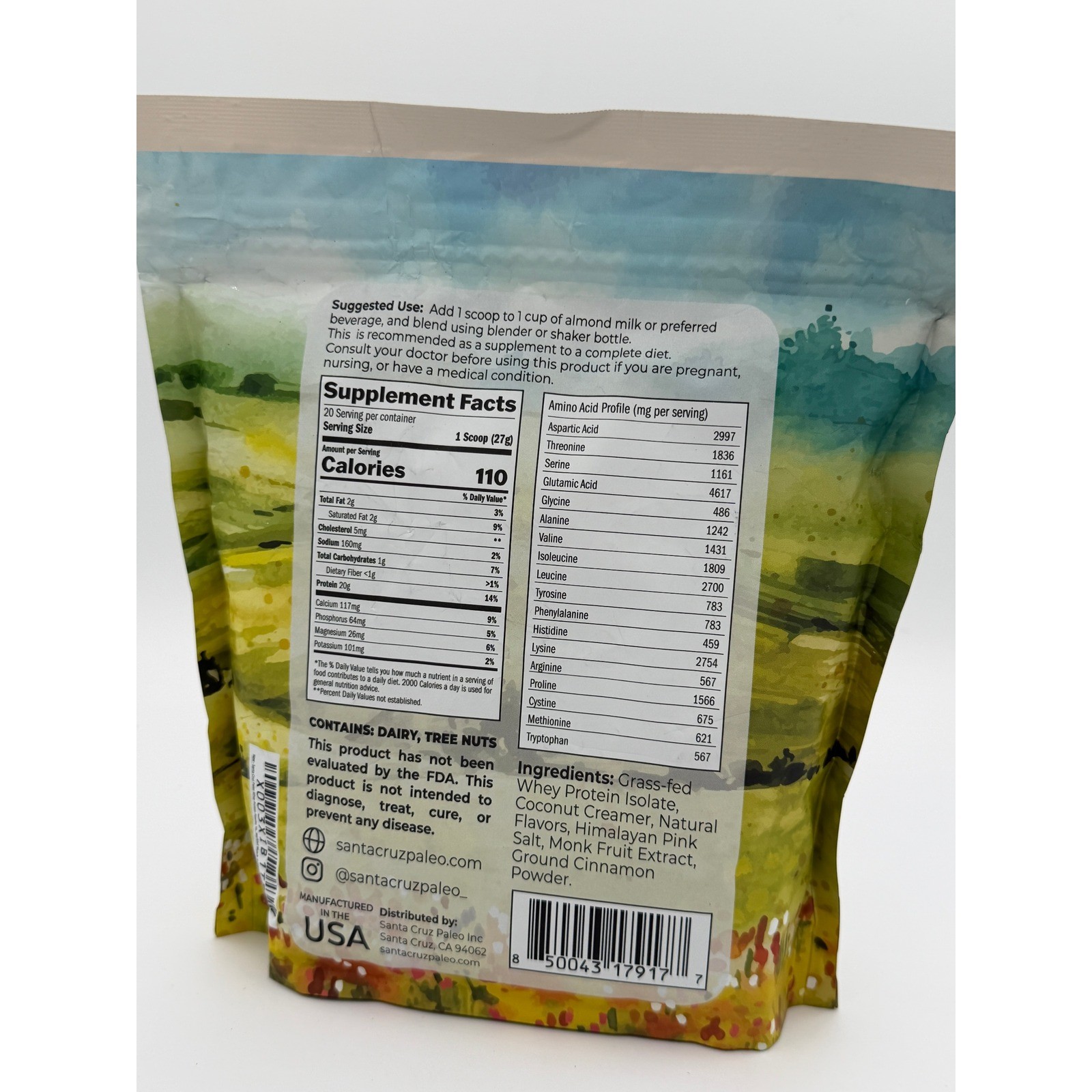 Santa Cruz Paleo Vanilla Whey Protein 1.2lb Grass Fed Keto Gluten Free SugarFree