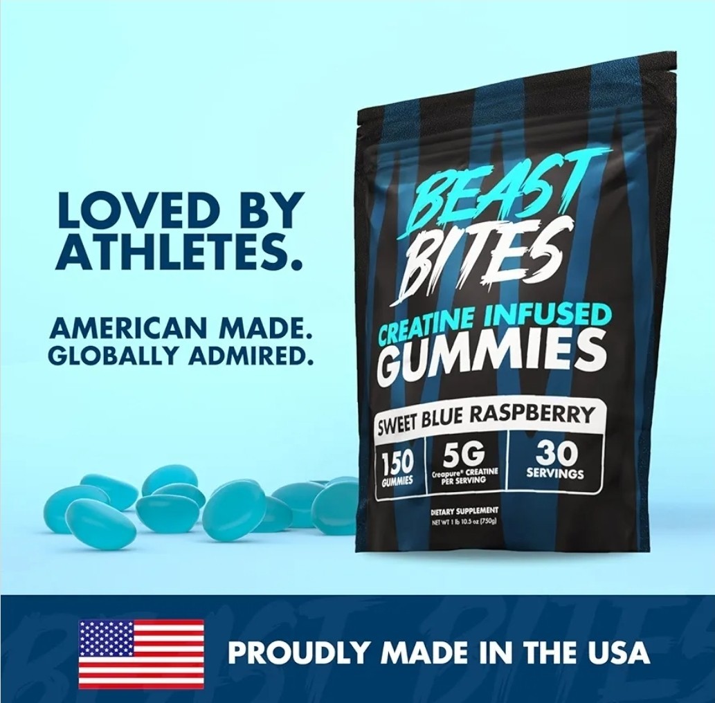 BEAST BITES Creatine Infused Gummies Sweet Blue Raspberry Vegan Gluten Free