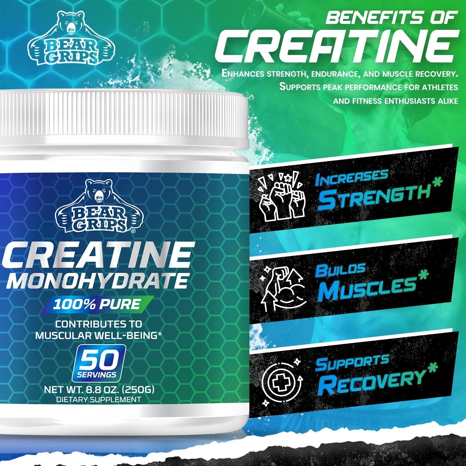 Bear Grips Pure Creatine Monohydrate Powder 50 Servings of Instantized Creatine