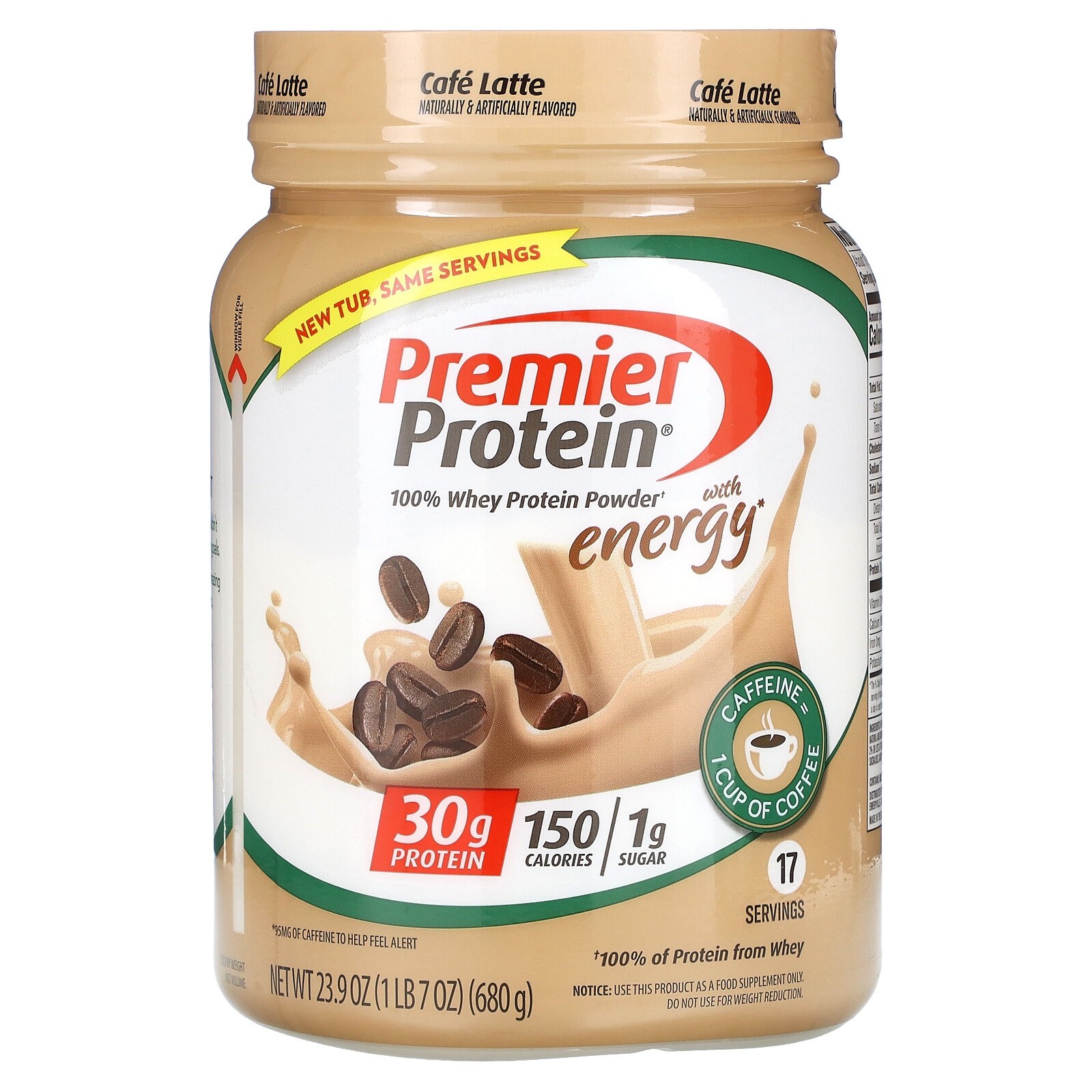 100% Whey Protein Powder with Energy, Cafe Latte, 23.9 oz (680 g)