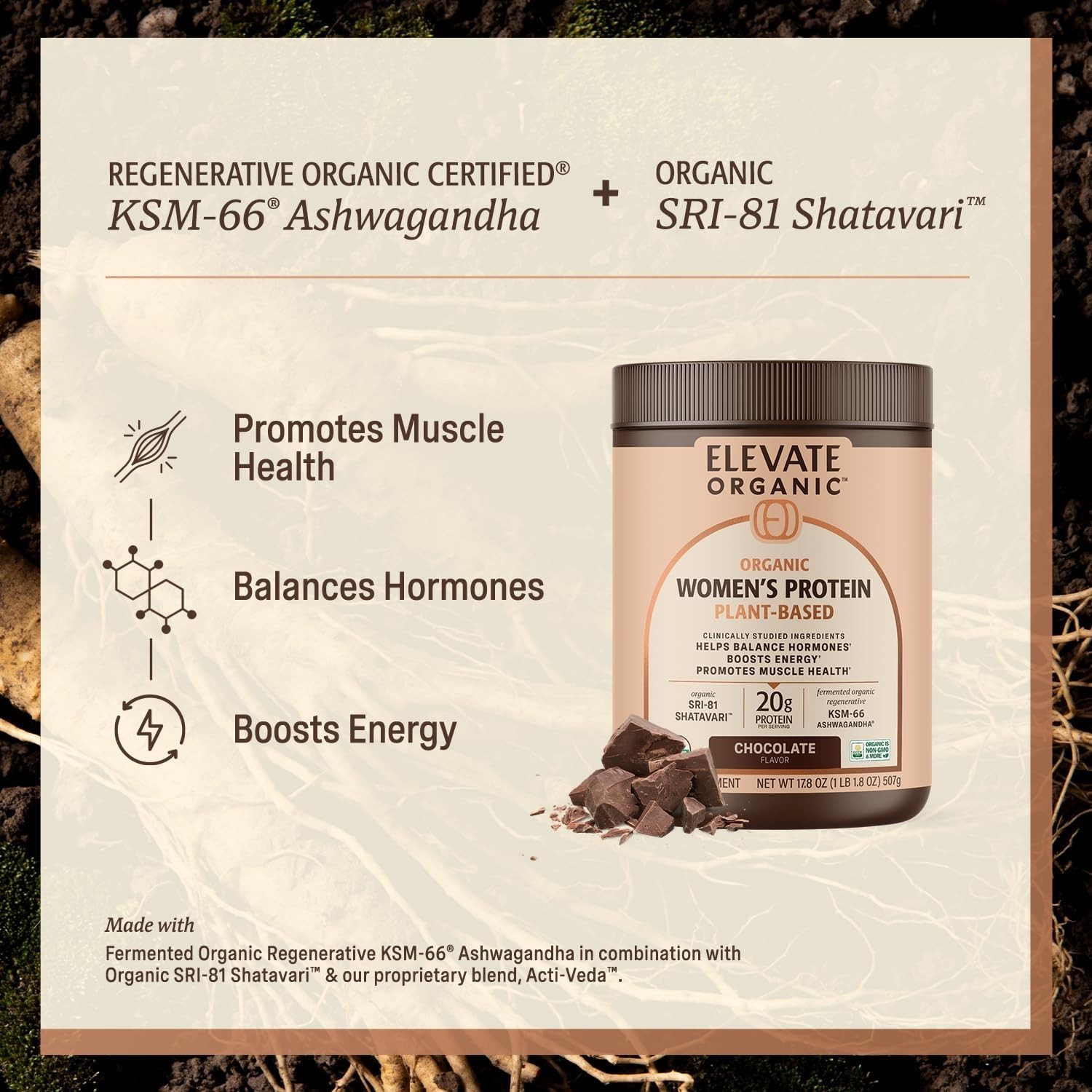 Elevate Organic Women’s Pea Protein Chocolate with Ashwagandha & Shatavari
