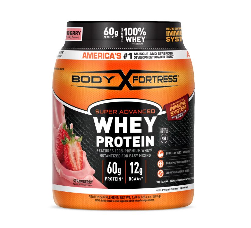 Body Fortress Super Advanced 100% Premium Whey Protein Powder, Strawberry, 60g P