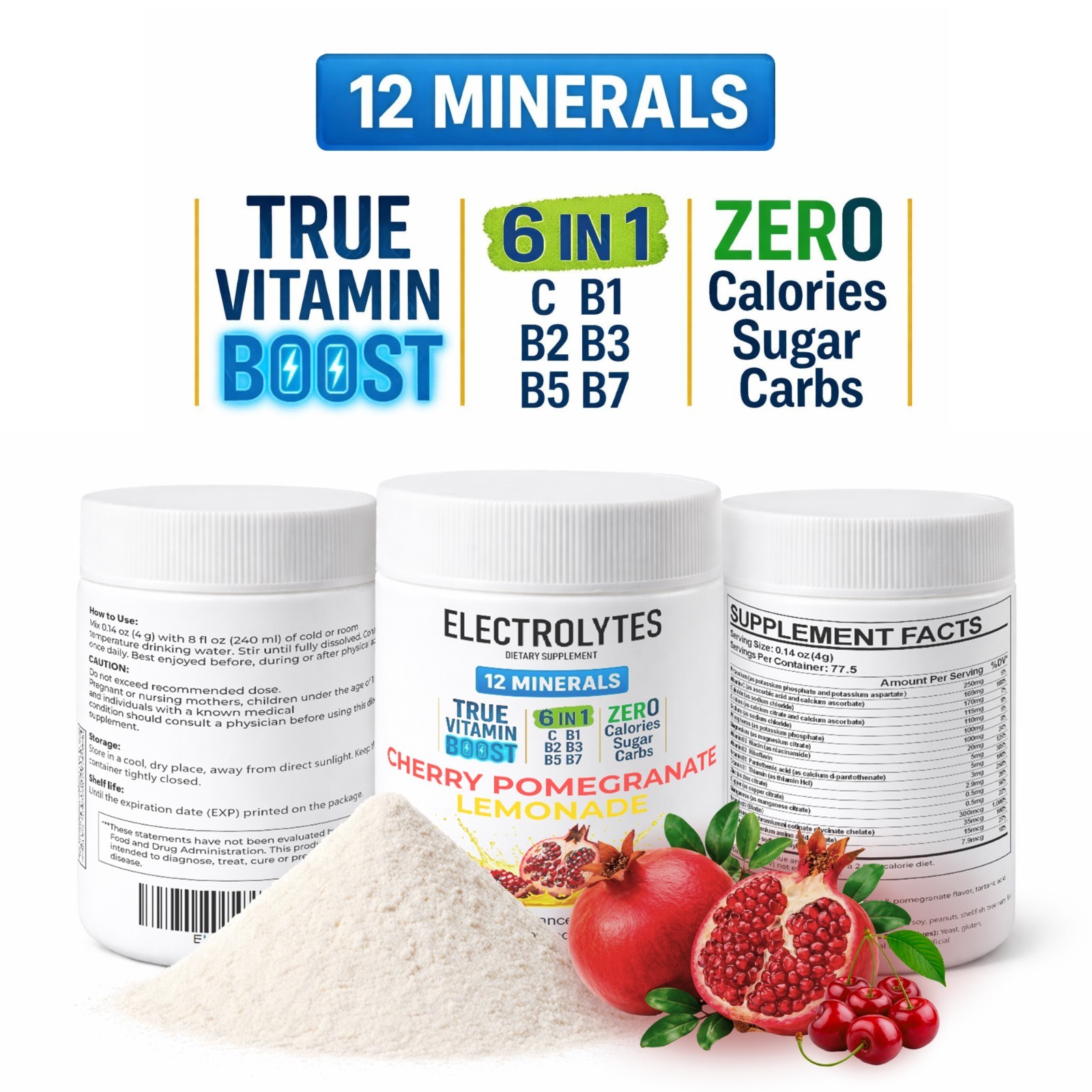 Electrolyte Complex Hydration Powder 12 Minerals + 6 Vitamins Cherry Pomegranate