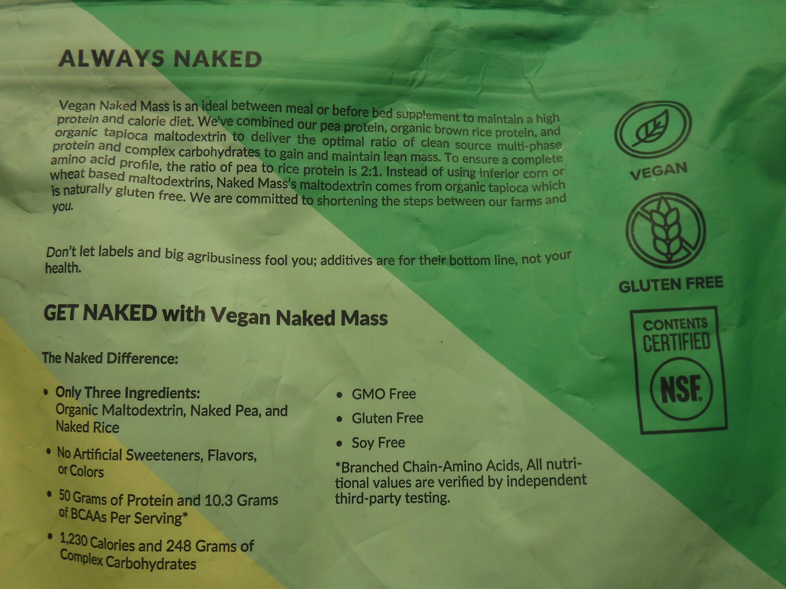 NAKED MASS Weight Gainer Protein Powder, Unflavored Vegan, 12 lb bag, BB 03/28