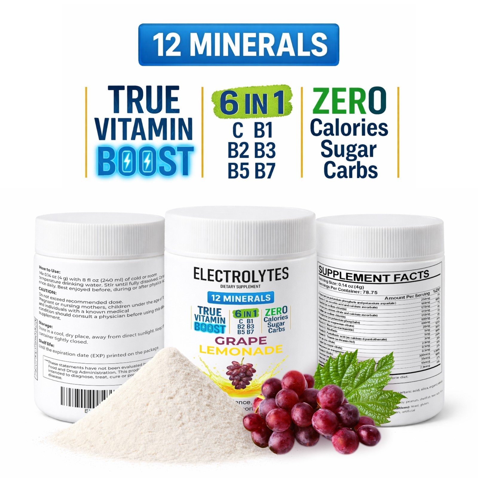 Electrolyte Complex Hydration Powder | 12 Minerals + 6 Vitamins | Grape Flavor