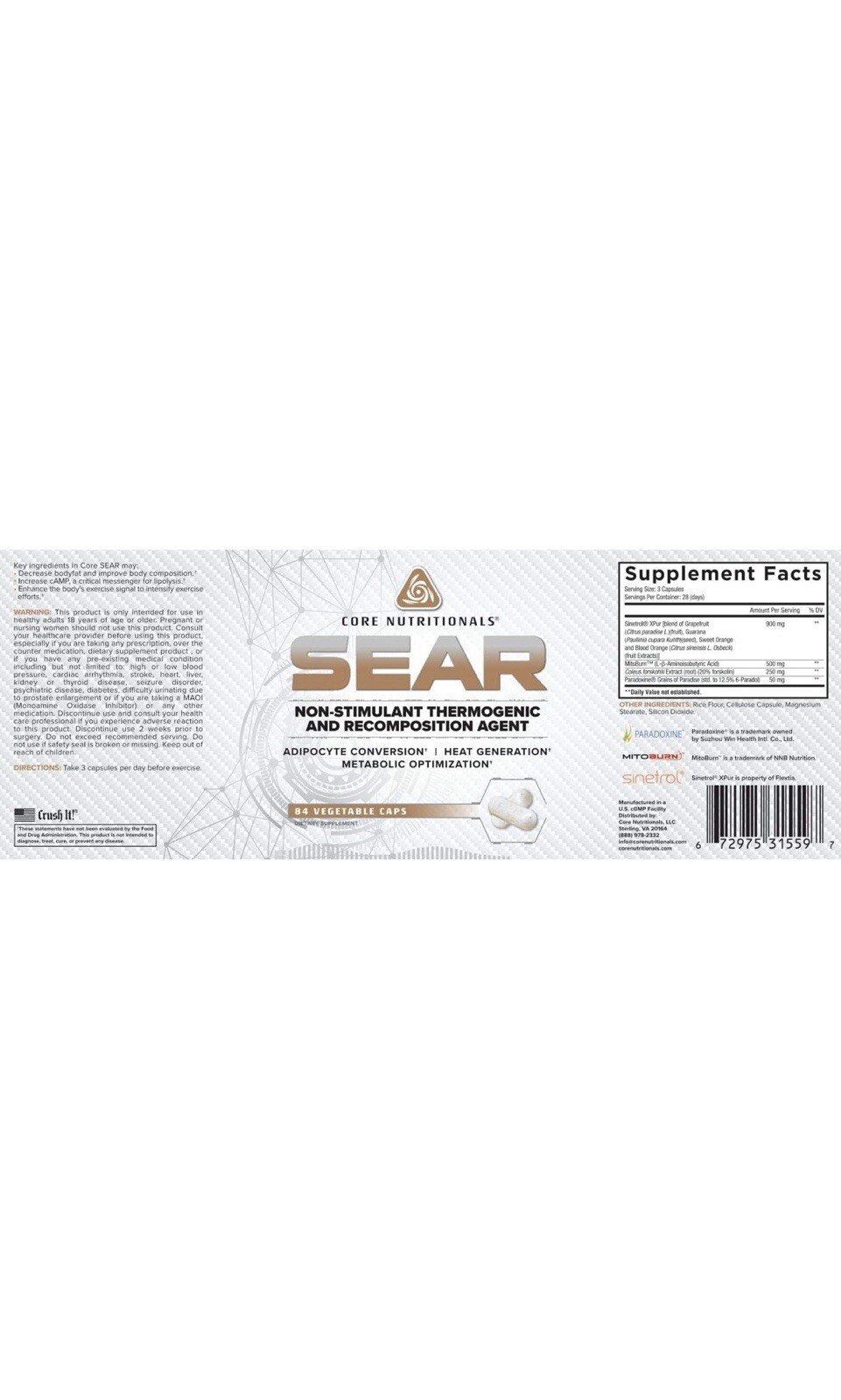 Core Nutritionals SEAR Non-Stimulant Thermogenic and Recomposition Agent 84 Caps