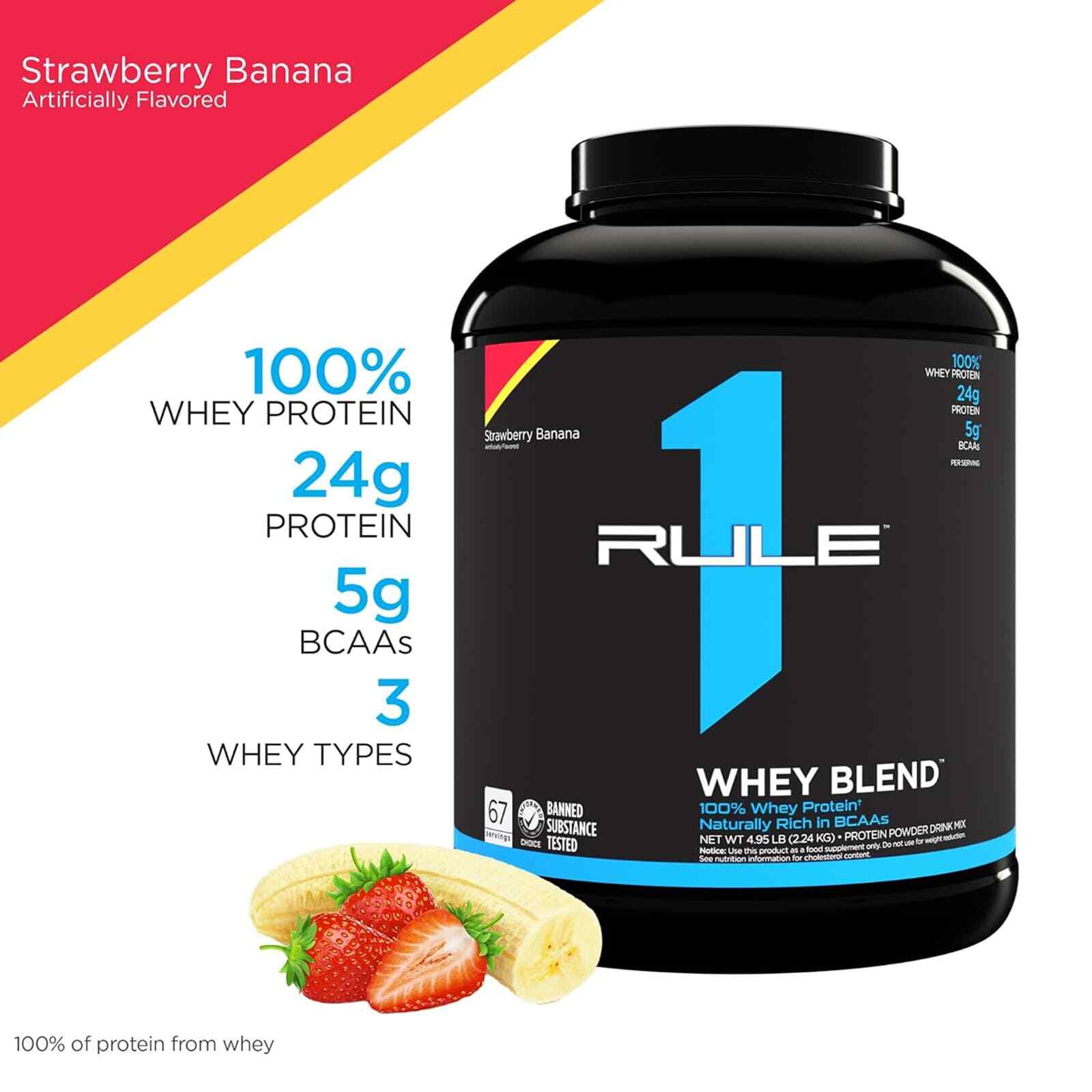 RULE 1 Whey Blend 68 serv Strawberry Banana 100% Whey Protein Blend 5.02lb