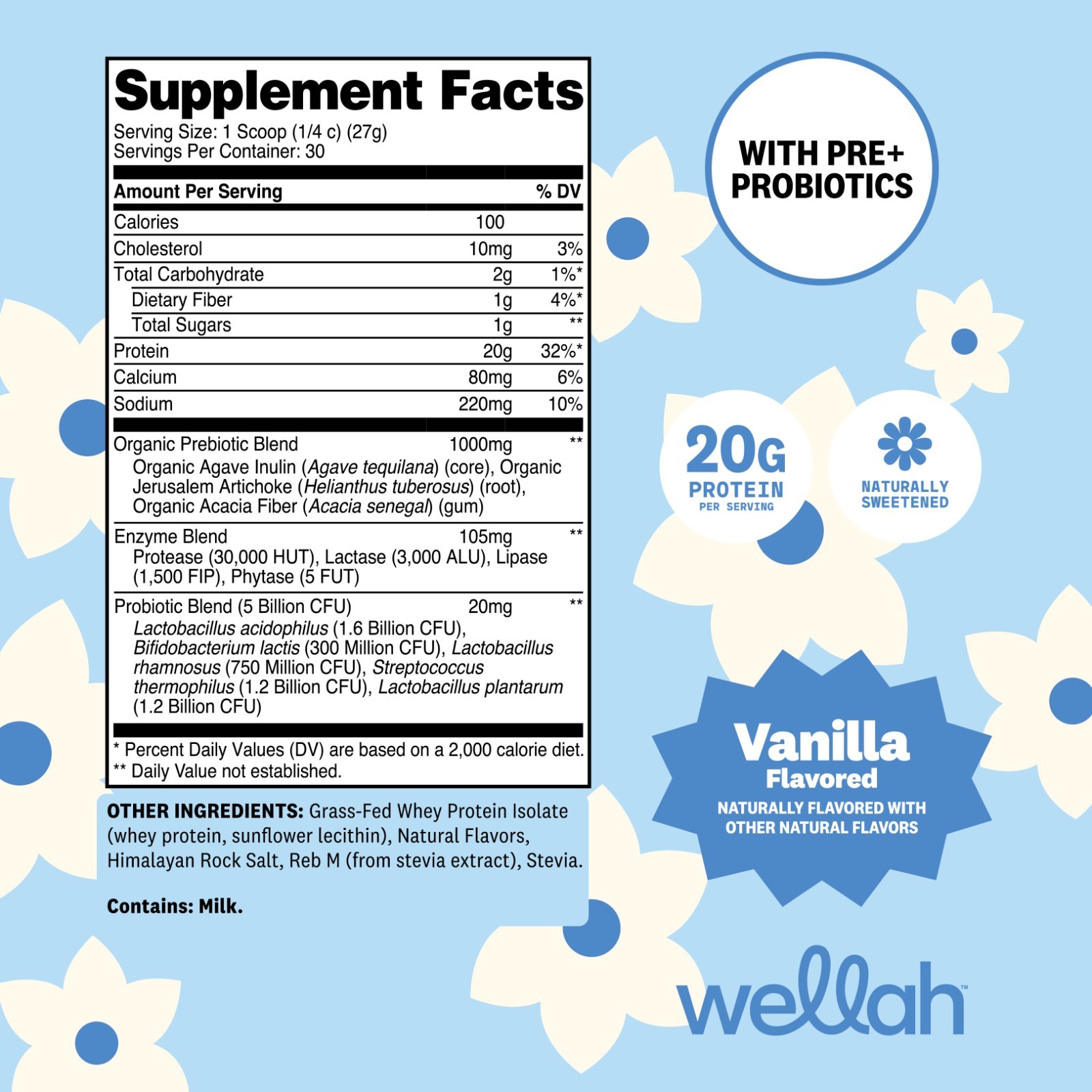 Wellah Grass-Fed Whey Protein Isolate Powder (Vanilla) 30 Servings -100 Calories