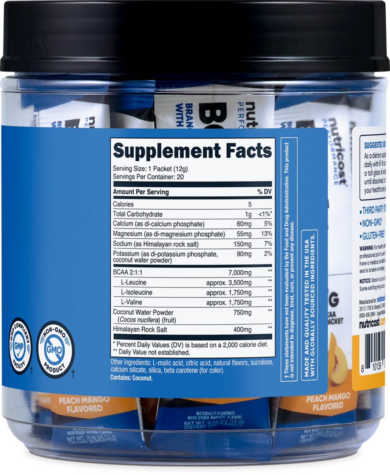 Nutricost BCAA+ Hydration Peach Mango Flavor (20 Stickpacks) – Gluten-Free