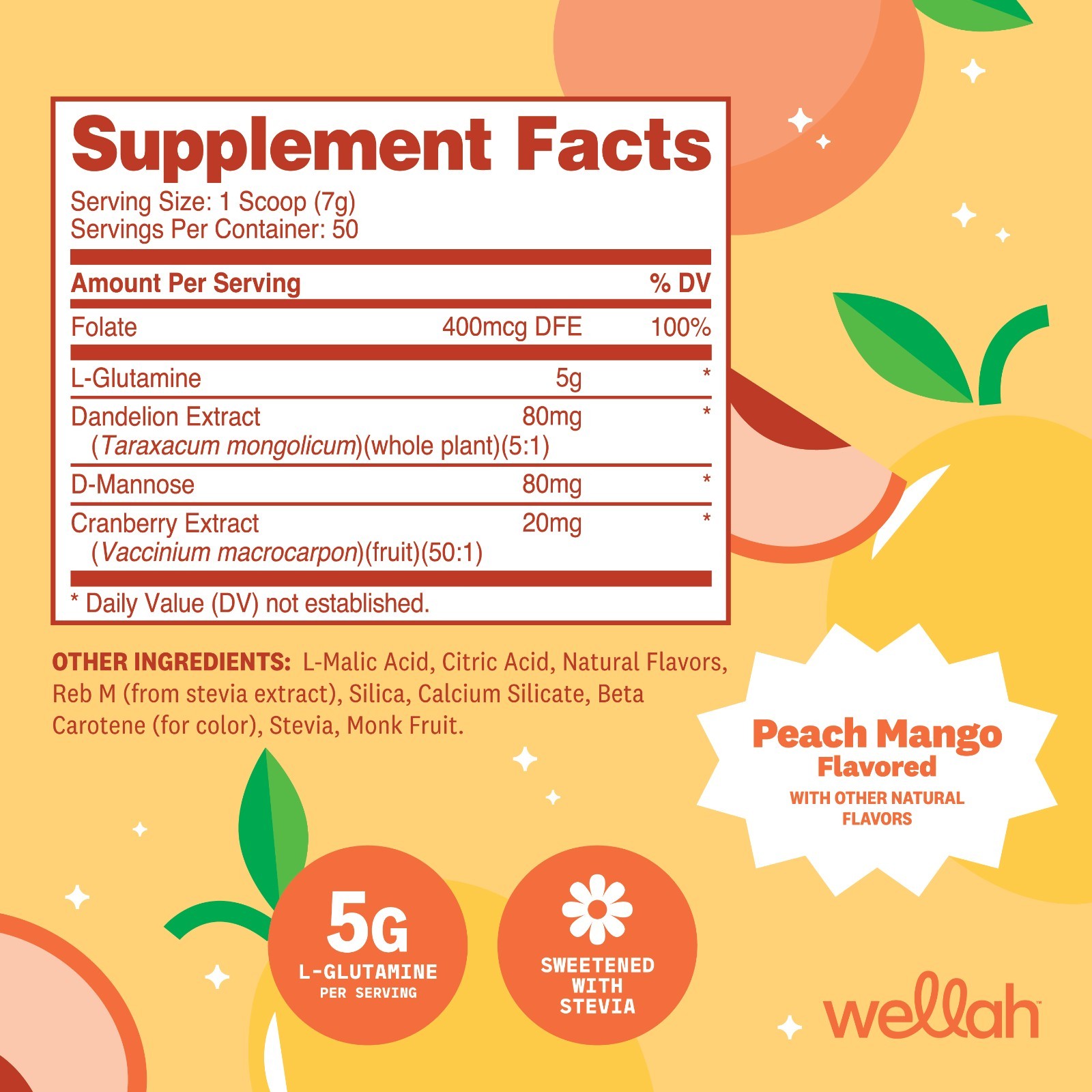Wellah L-Glutamine Peach Mango (50 Servings) – 5g L-Glutamine Per Serving, Sweet