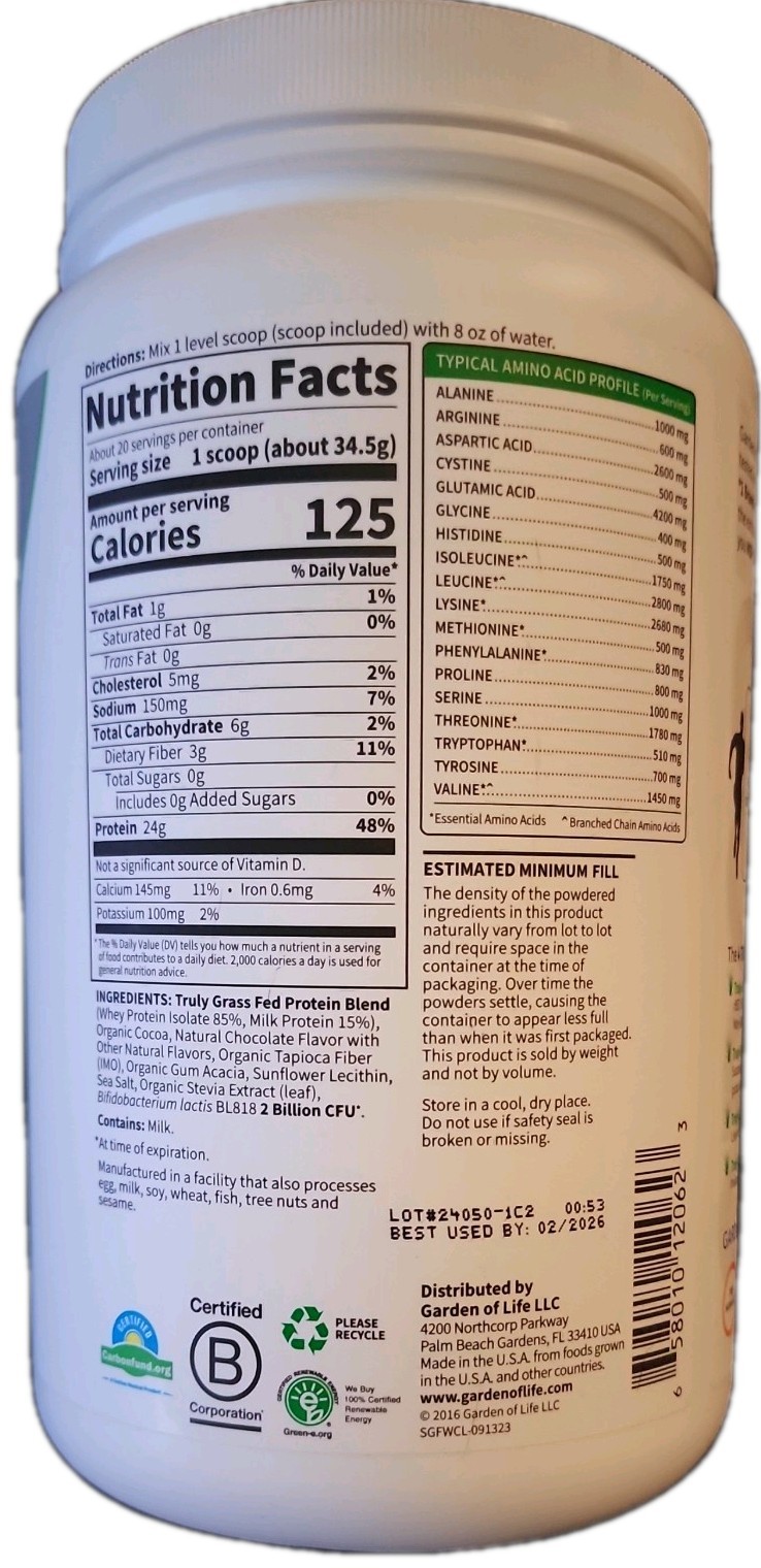 Garden of Life Sport Whey Protein Powder Chocolate Grass Fed Whey Exp 02/2026