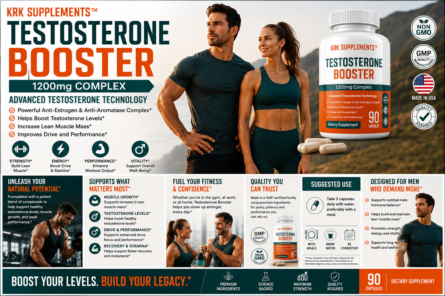 1 Bottle Testosterone Booster Tribulus Terrestris Chrysin Low Test Boost Natural