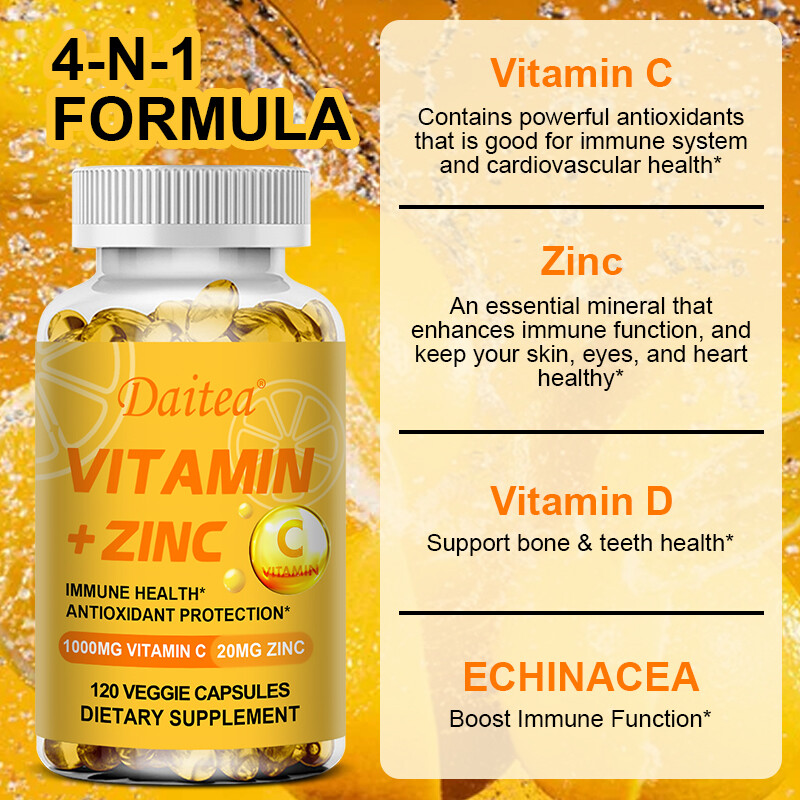 Vitamin C + Zinc – Immune Health, Antioxidant, Immunity 1000mg – Made in The USA