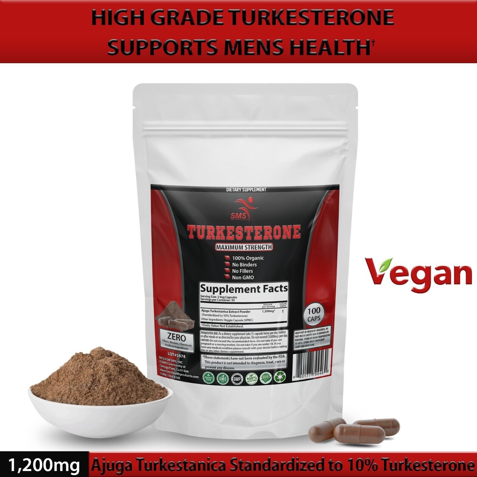 PURE TURKESTERONE 1200mg (Ajuga Turkestanica) Standardized to 10% 100 Caps BEST