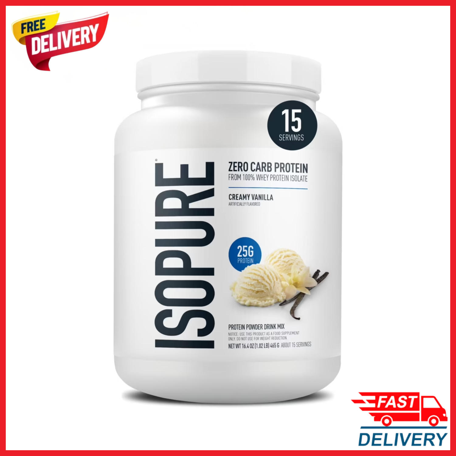 Isopure Zero Carb 100% Whey Protein Isolate Vanilla 15 Servings 25g Protein