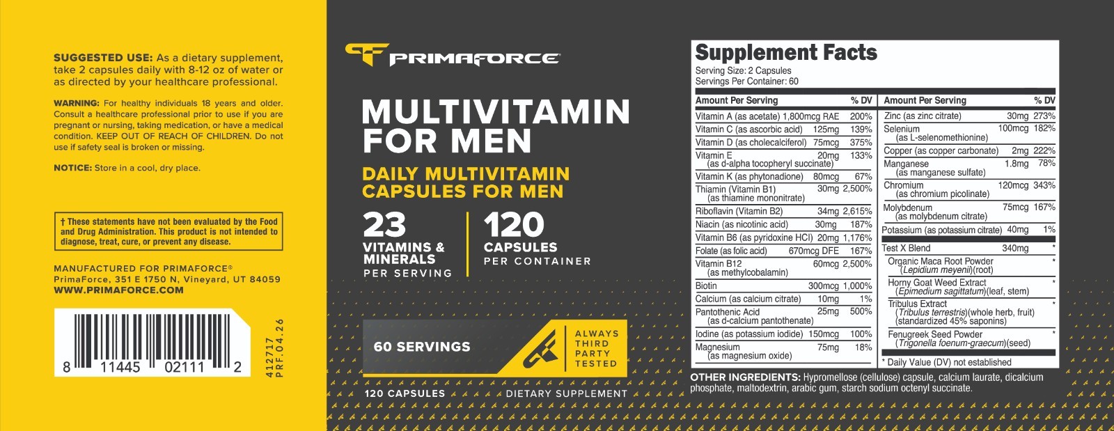 PrimaForce Multivitamin for Men (120 Capsules) – Nutritional Health Supplement