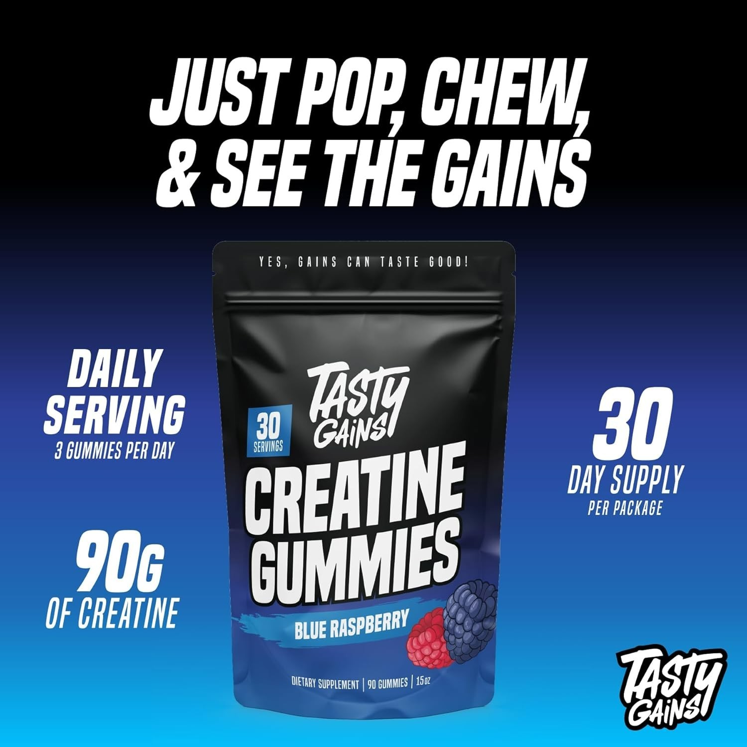TASTY GAINS Creatine 90 Gummies – 90g of Creatine Monohydrate Blue Raspberry