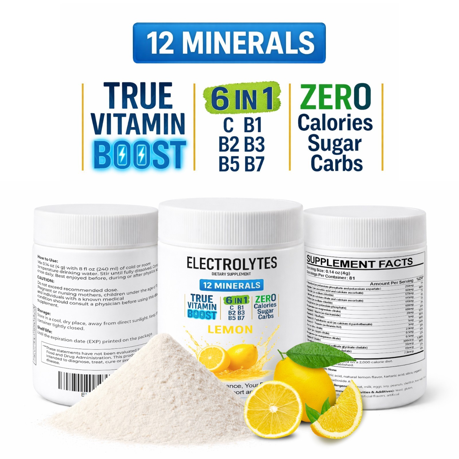Electrolyte Complex Hydration Powder | 12 Minerals + 6 Vitamins | Lemon Flavor