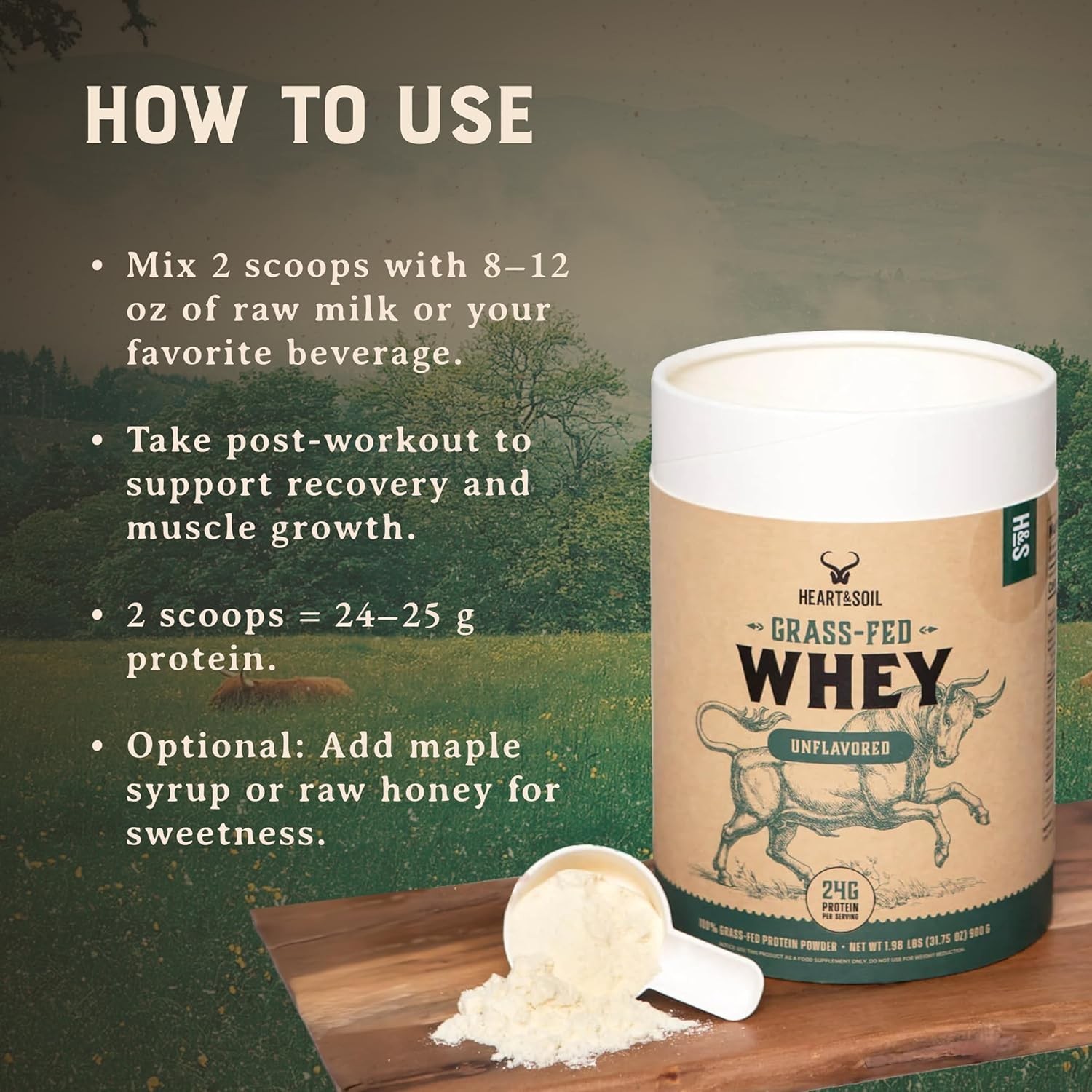 HEART & SOIL 100% Grass Fed Whey Protein Concentrate – UNFLAVORED – 2lbs