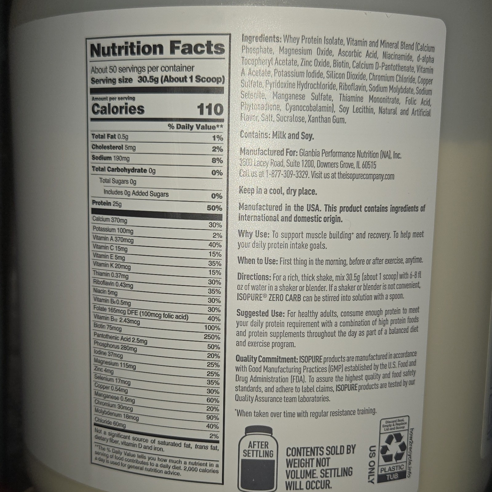 Isopure Zero Carb Whey Protein Isolate Simply Vanilla 53.79 oz 25g Protein