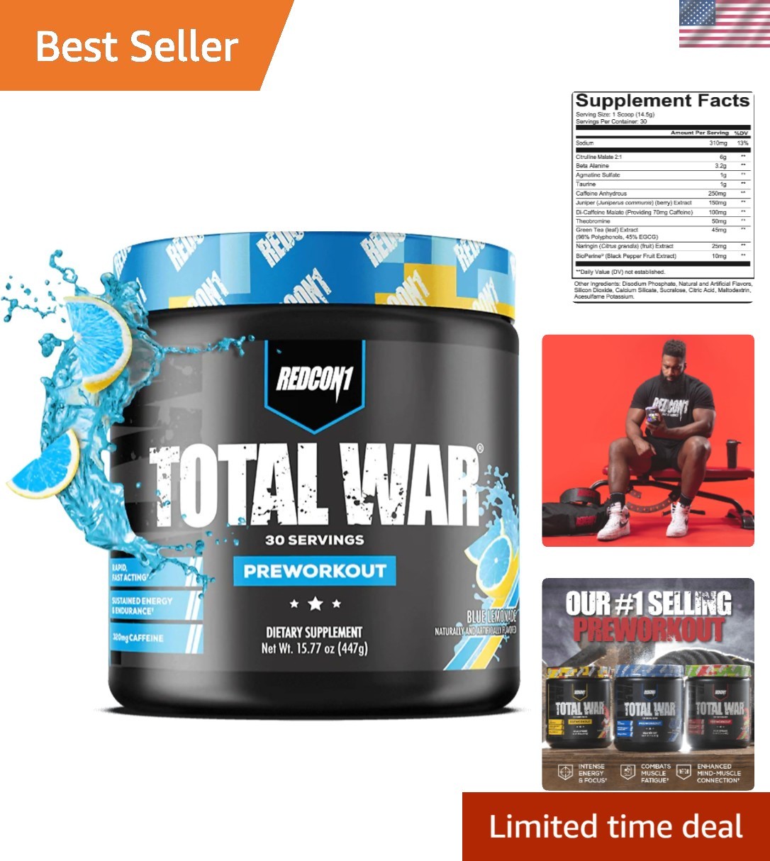 Total War Pre Workout – Blue Lemonade Flavor, 320mg Caffeine, 30 Servings