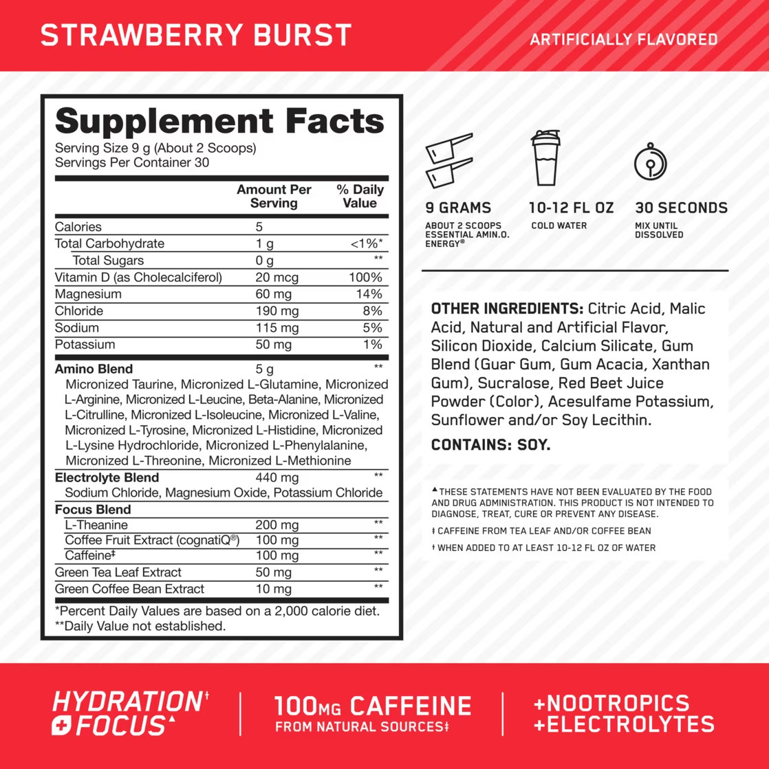 Optimum Nutrition Amino Energy Hydration + Focus Powder, Strawberry Burst 9.5 oz