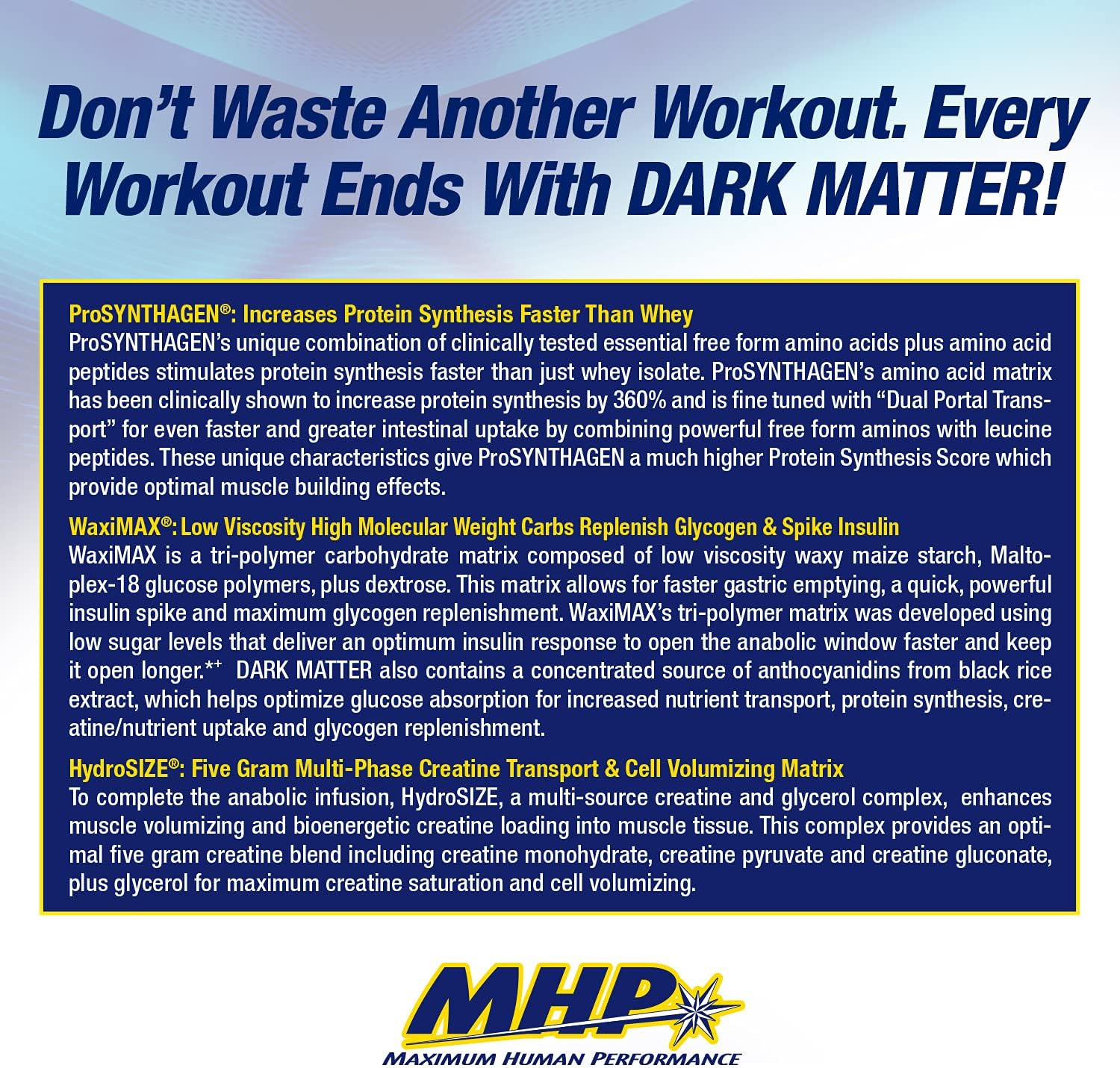 MHP Dark Matter Post Workout, Recovery Accelerator, W/Multi Phase Creatine, Waxy