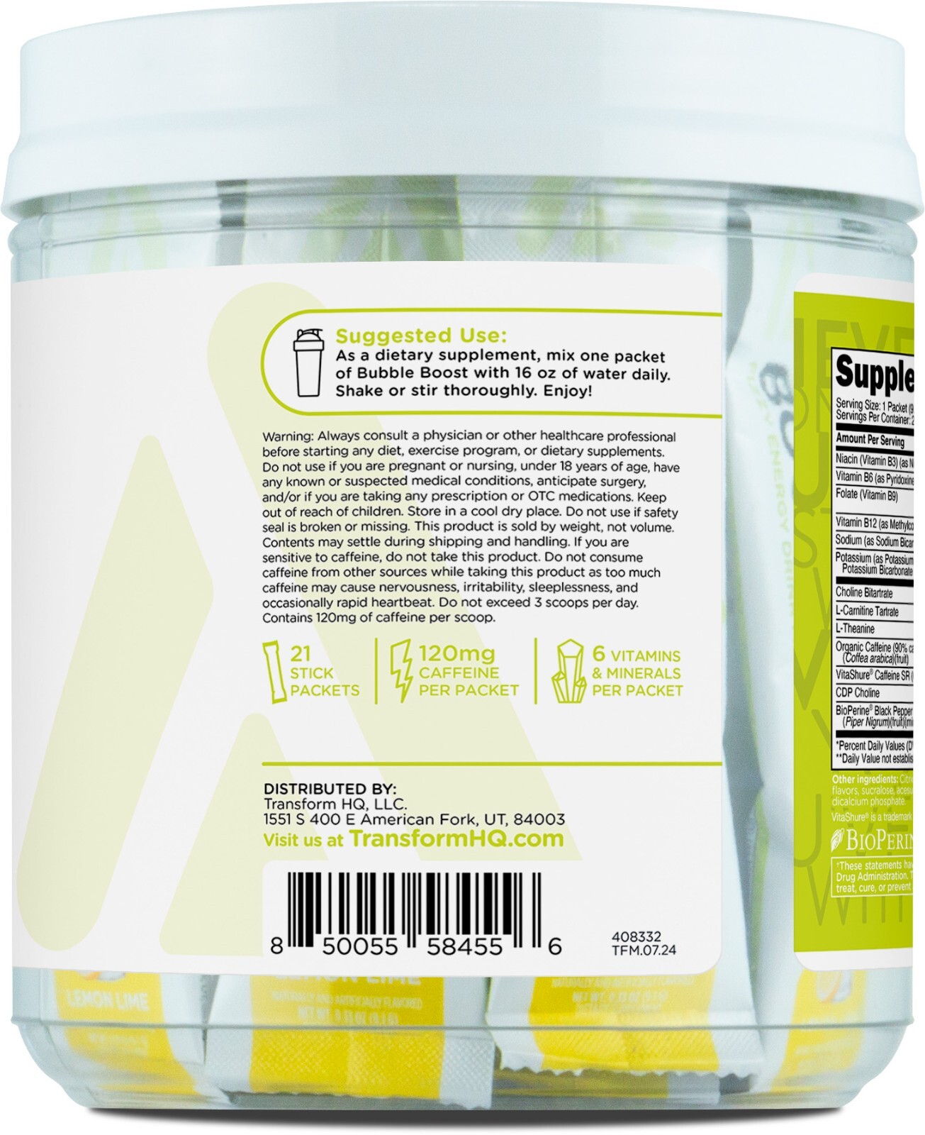 TransformHQ Bubble Boost Fizzy Energy Drink Mix (Lemon Lime Flavored) 21 Packets