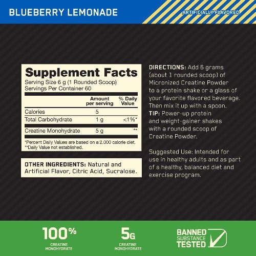 Optimum Nutrition Creatine Monohydrate Powder Blueberry Lemonade 60Servings 413g